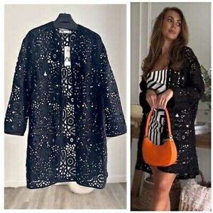 NWT Zara Macramé Knit Coat in Black sz M/L